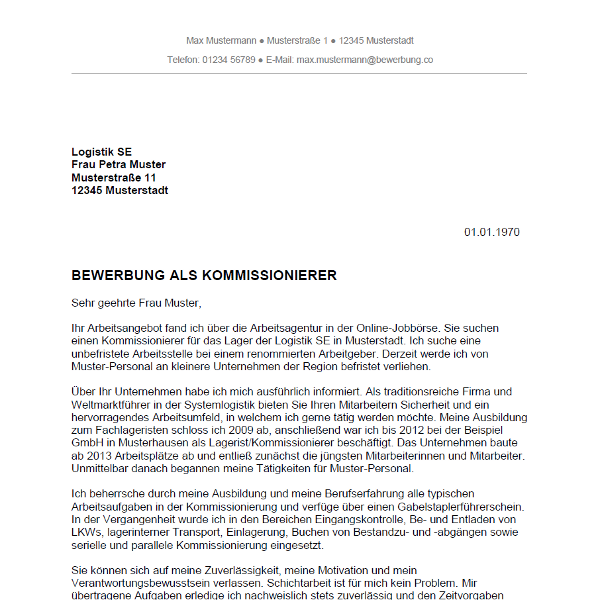 Bewerbung Als Kommissionierer Kommissioniererin Bewerbung Co