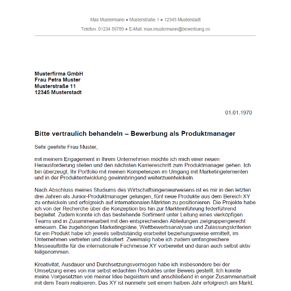 Muster / Vorlage: Bewerbung als Produktmanager / Produktmanagerin