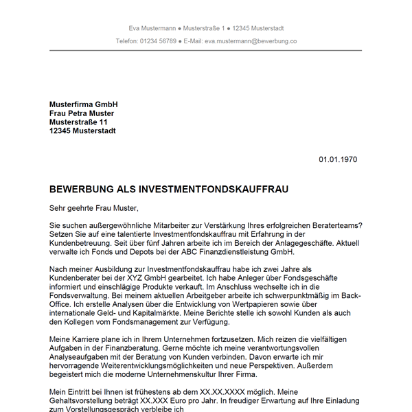 Muster / Vorlage: Bewerbung als Investmentfondskaufmann / Investmentfondskauffrau
