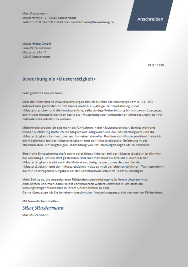 Muster Bewerbungsschreiben / Bewerbungsanschreiben - Bewerbung.co